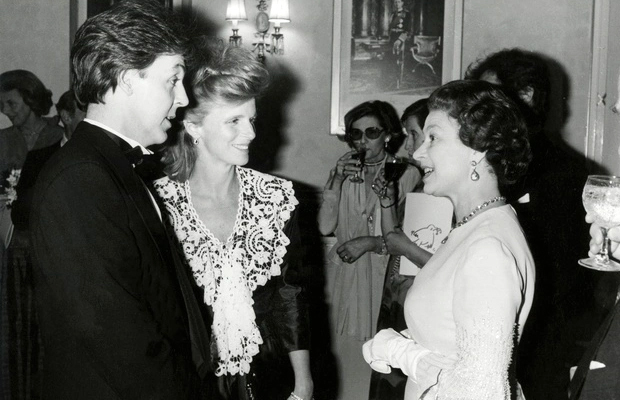 Paul and Linda McCartney meeting Queen Elizabeth at 'An Evening for Conservation' at the Royal Albert Hall, 13th December 1982