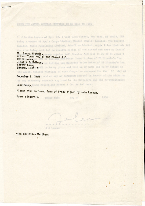 John Lennon Typed Signed Proxy Letter Dated December 8th, 1980